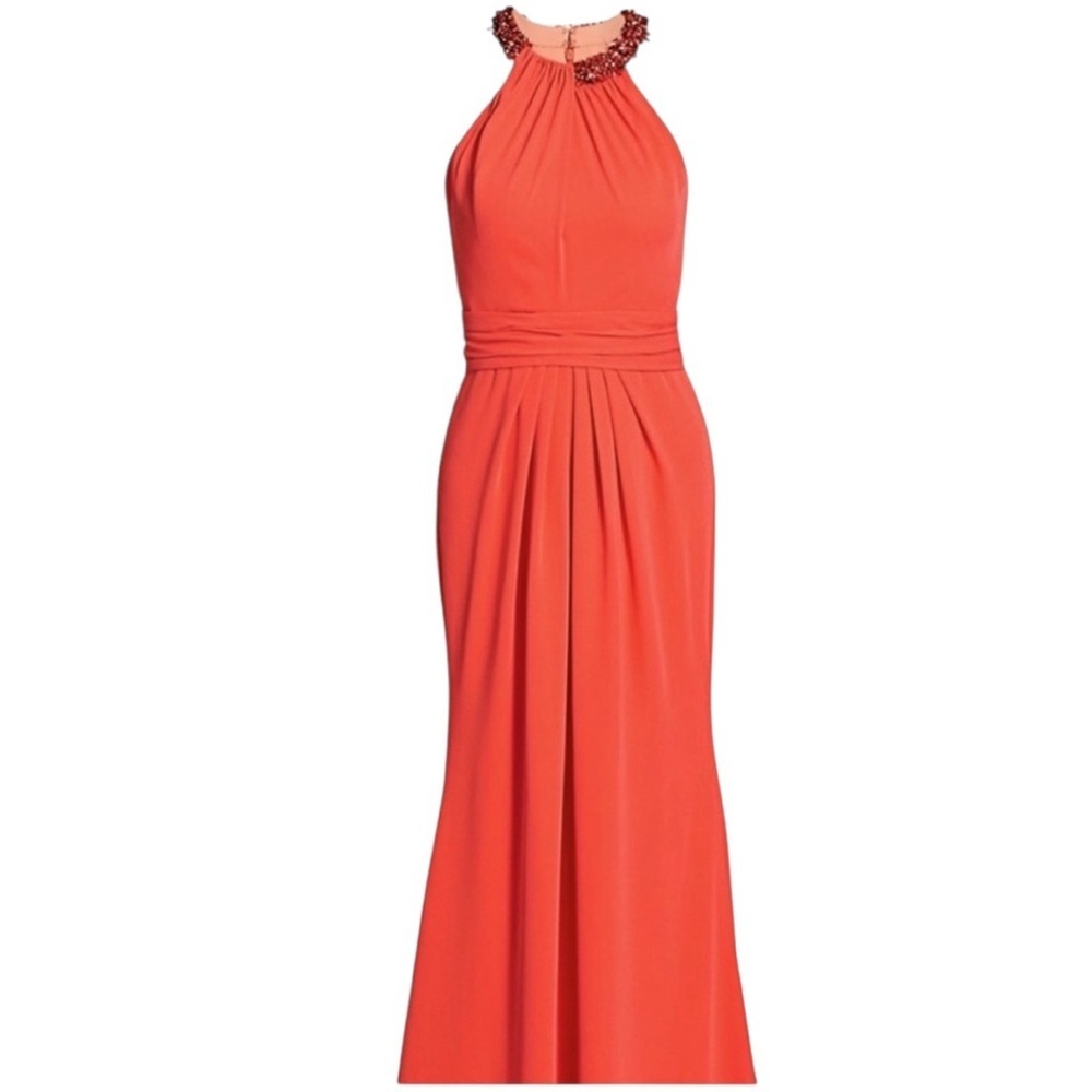 Theia Coral Gown Draped Halter Jeweled Neckline Lightweight Crepe Ruched Size 12